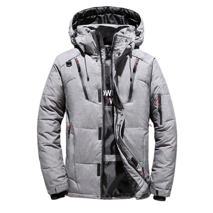 Gray winter jacket with a hood on a white background