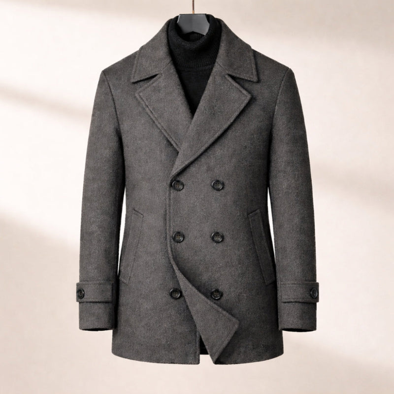 Gray peacoat on a beige background