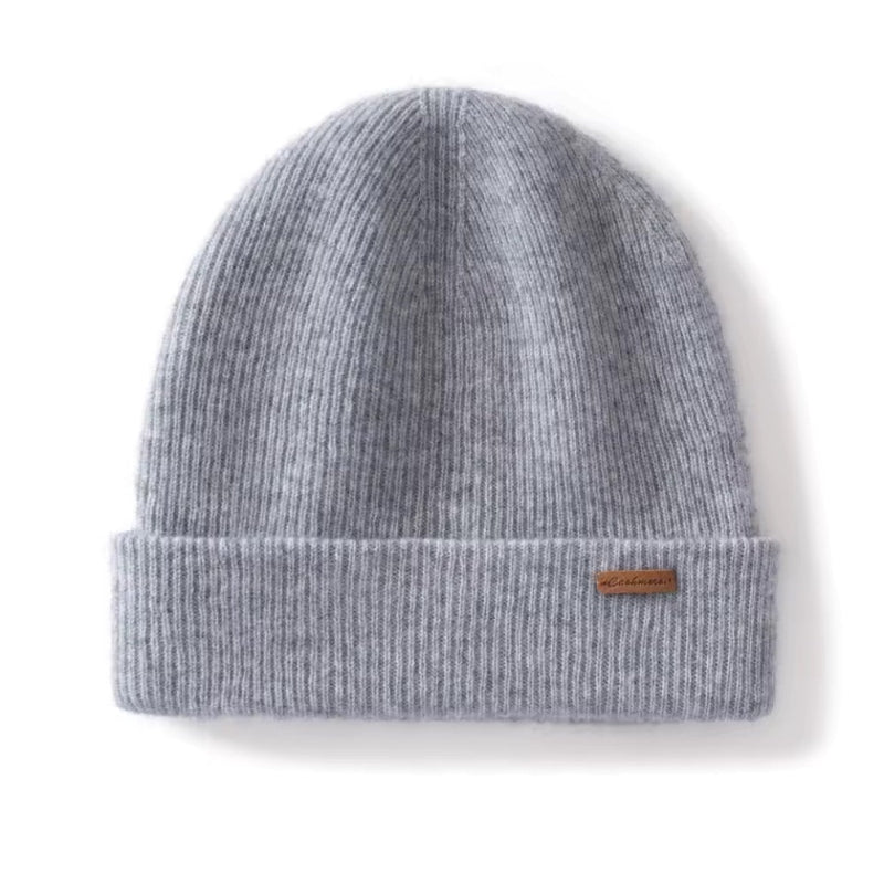 Gray knit beanie with a brand logo on a white background