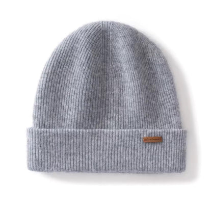 Gray knit beanie with a brand logo on a white background