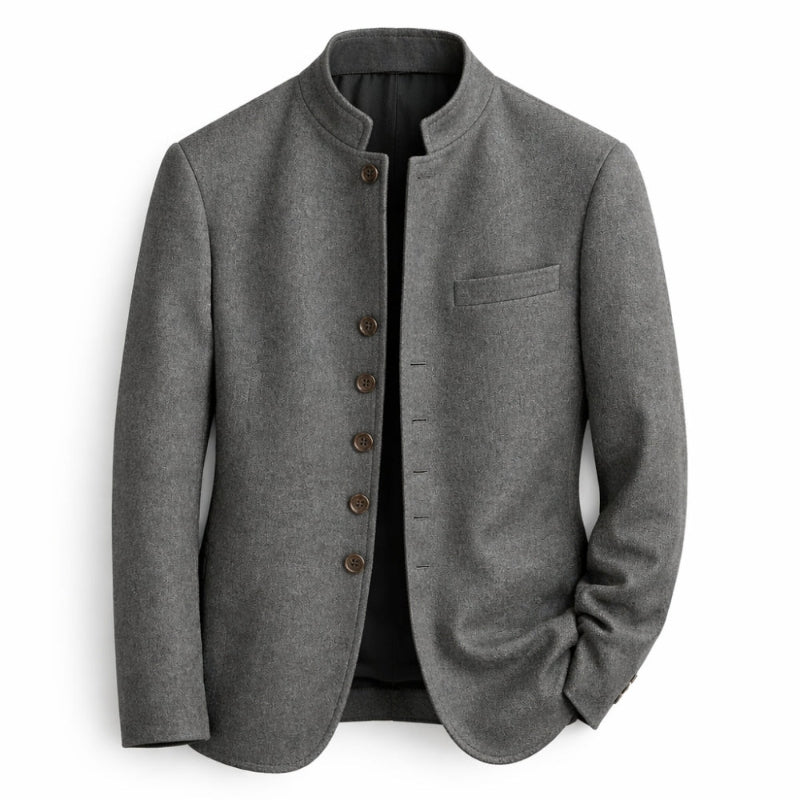 Gray blazer with button details on a white background