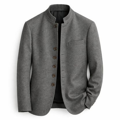Gray blazer with button details on a white background