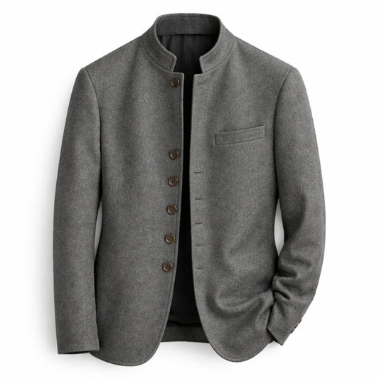 Gray blazer with button details on a white background
