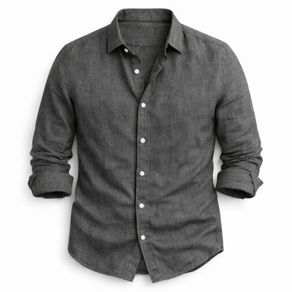 Gray button-up shirt on a white background