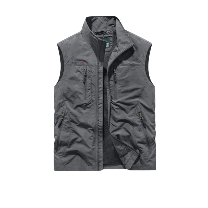 Gray vest with brand logo on a white background