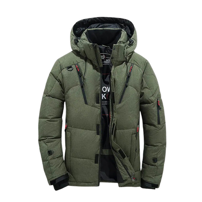 Green winter jacket with a hood on a white background