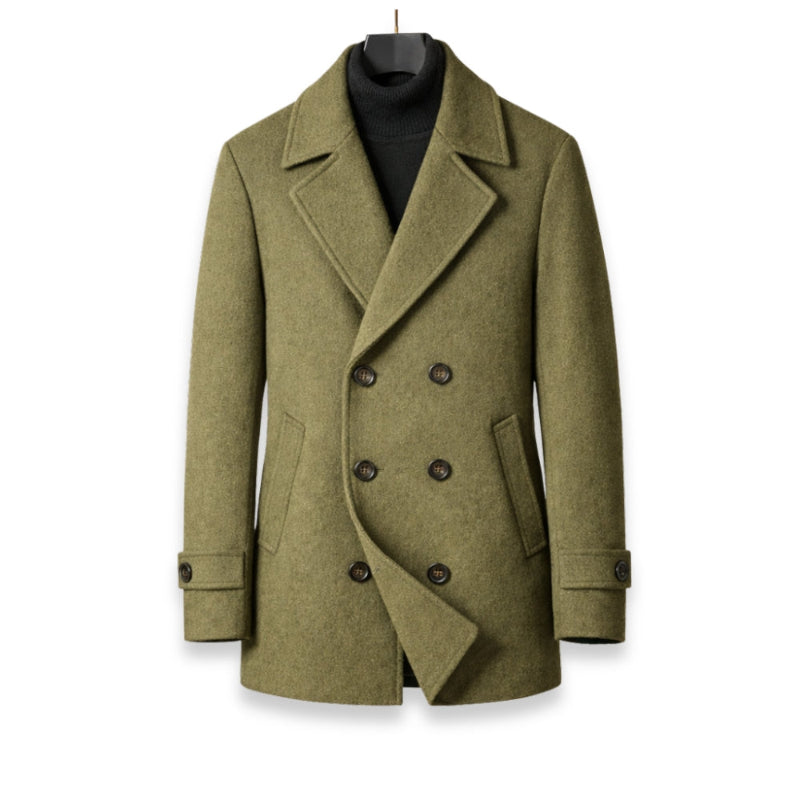 Green peacoat on a white background