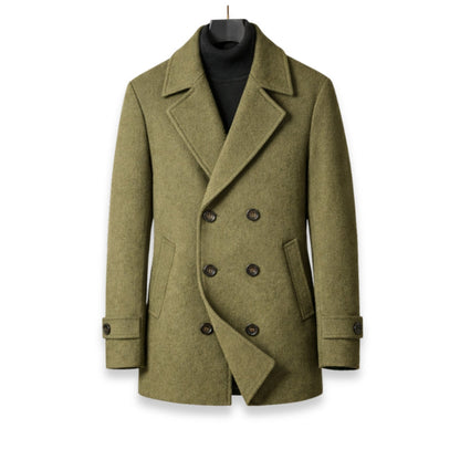 Green peacoat on a white background
