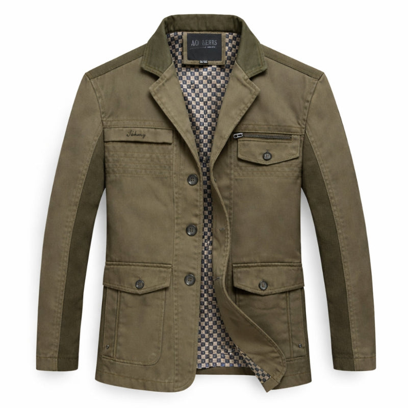 Green jacket with button details on a white background