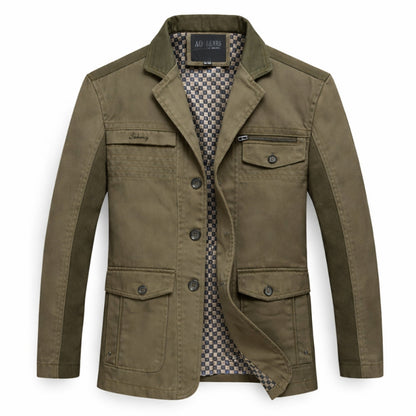 Green jacket with button details on a white background