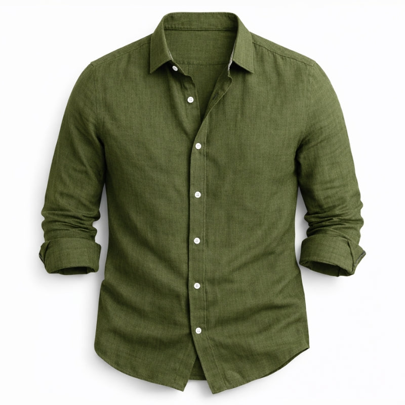 Green button-up shirt on a white background