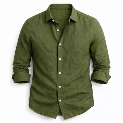 Green button-up shirt on a white background