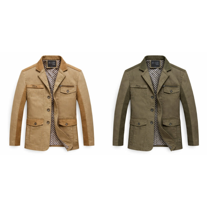 Two men's jackets, one beige and one green, on a white background.