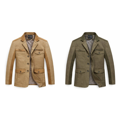 Two men's jackets, one beige and one green, on a white background.