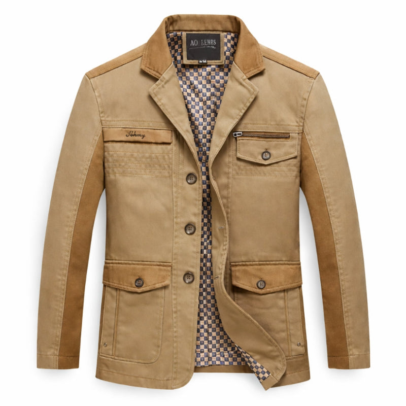 Tan jacket with checkered lining on a white background