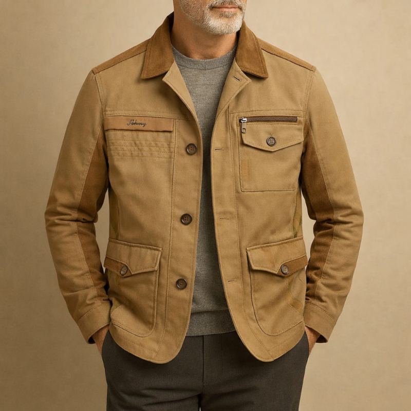 Man wearing a brown jacket with a beige background
