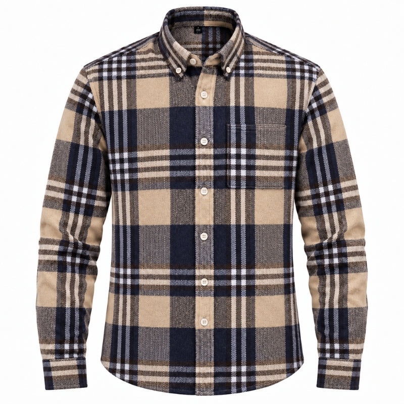 A men's long-sleeve plaid button-down shirt in beige, navy, and white, shown on a clean white background.
