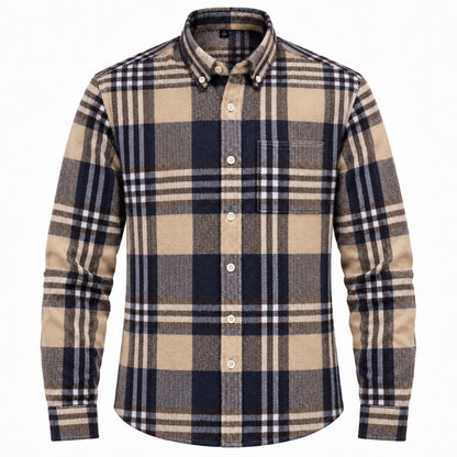 A men's long-sleeve plaid button-down shirt in beige, navy, and white, shown on a clean white background.