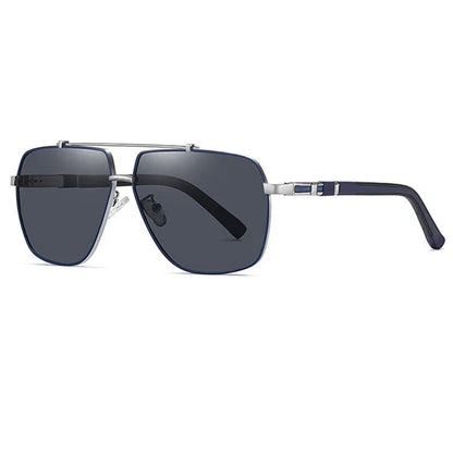 Sunglasses with dark lenses and silver frame on a white background