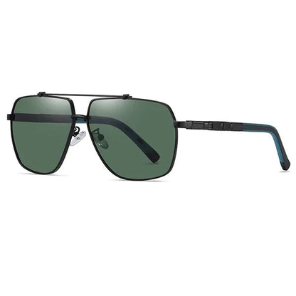 Sunglasses with black frame and green lenses on a white background