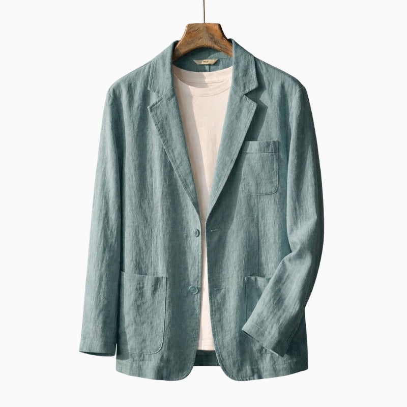 Light blue blazer on a hanger against a white background