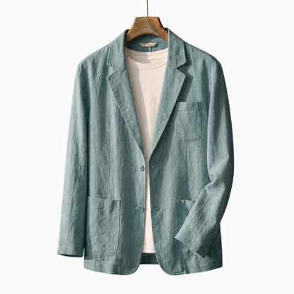 Light blue blazer on a hanger against a white background