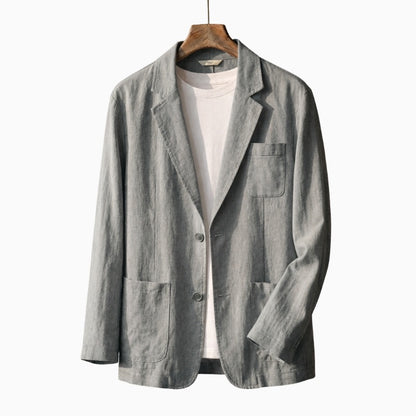 Light Gray blazer on a wooden hanger against a white background