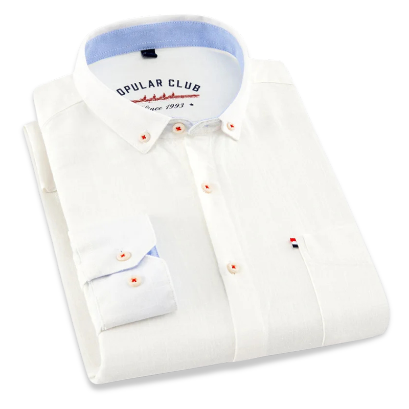 Folded white dress shirt with blue collar and 'Opular Club' label on a white background