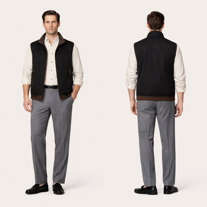 Man wearing a black vest over a white shirt with gray pants, shown from front and back on a white background.