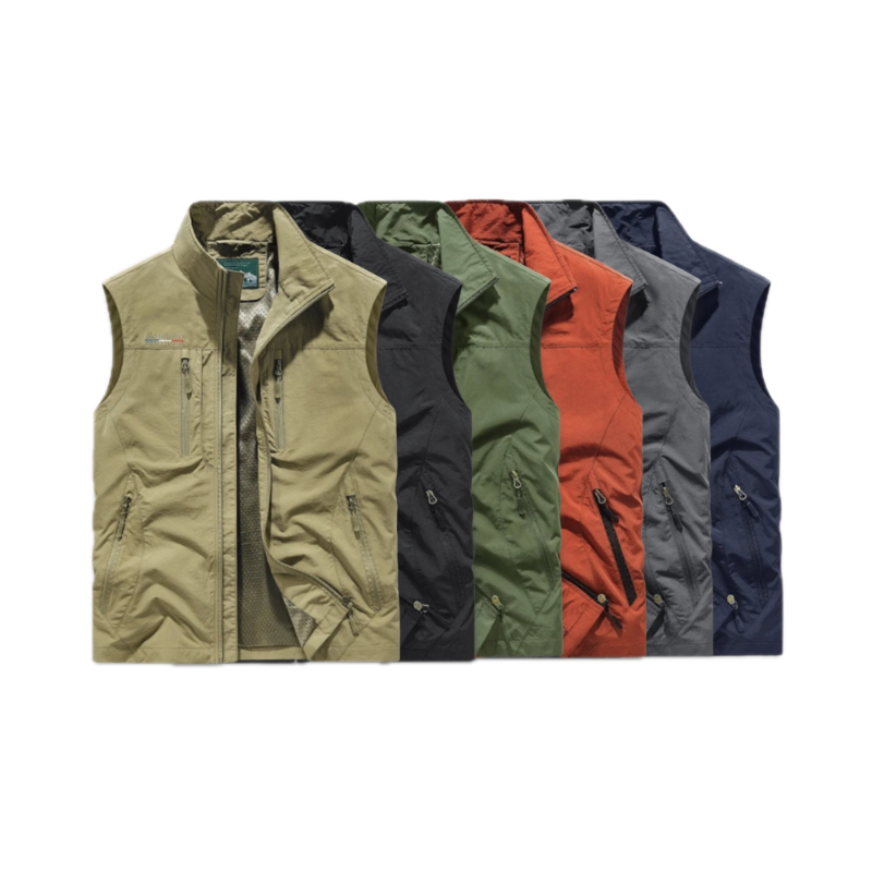 Collection of men's vests in various colors on a white background