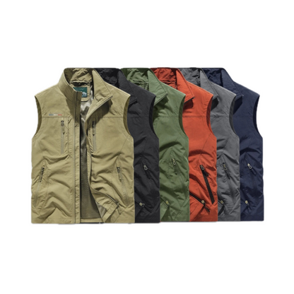 Collection of men's vests in various colors on a white background