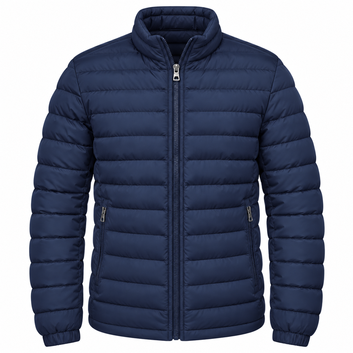 A navy blue puffer jacket with horizontal quilting, a full-length front zipper, and zippered hand pockets, shown on a plain white background.