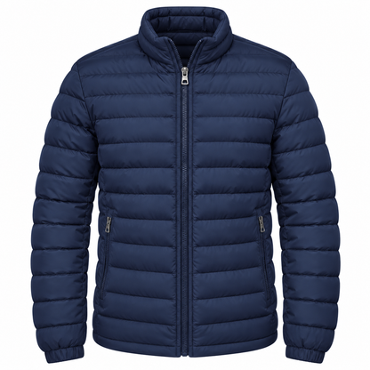 A navy blue puffer jacket with horizontal quilting, a full-length front zipper, and zippered hand pockets, shown on a plain white background.