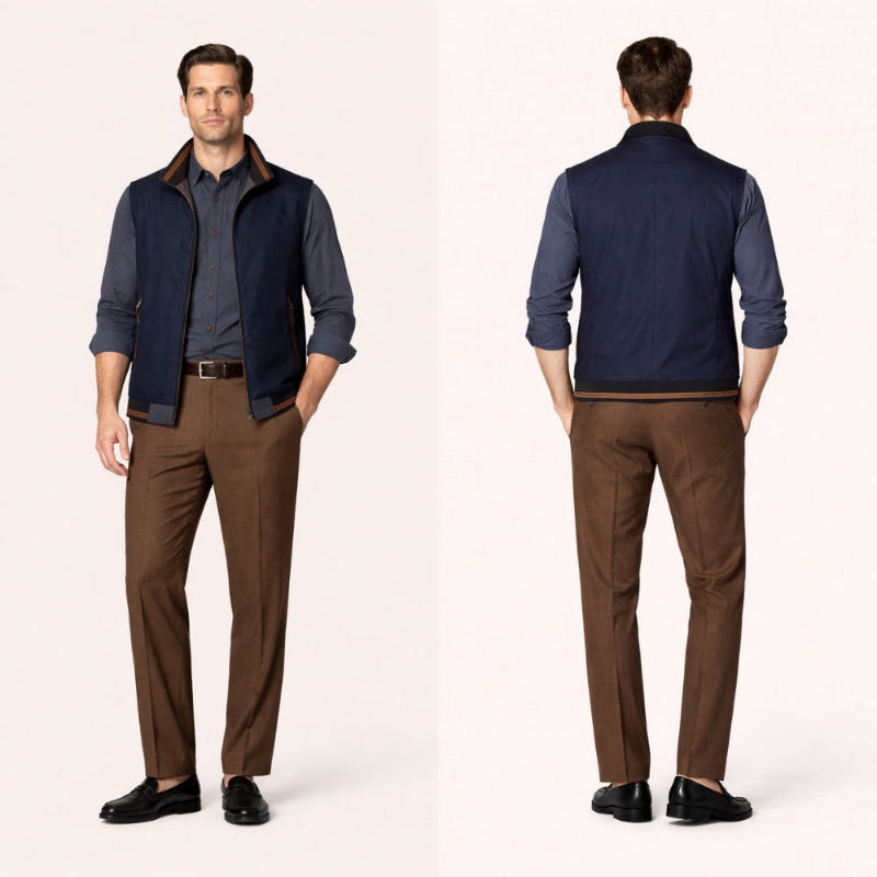 Man wearing a navy jacket, blue shirt, and brown pants, shown from front and back on a white background.