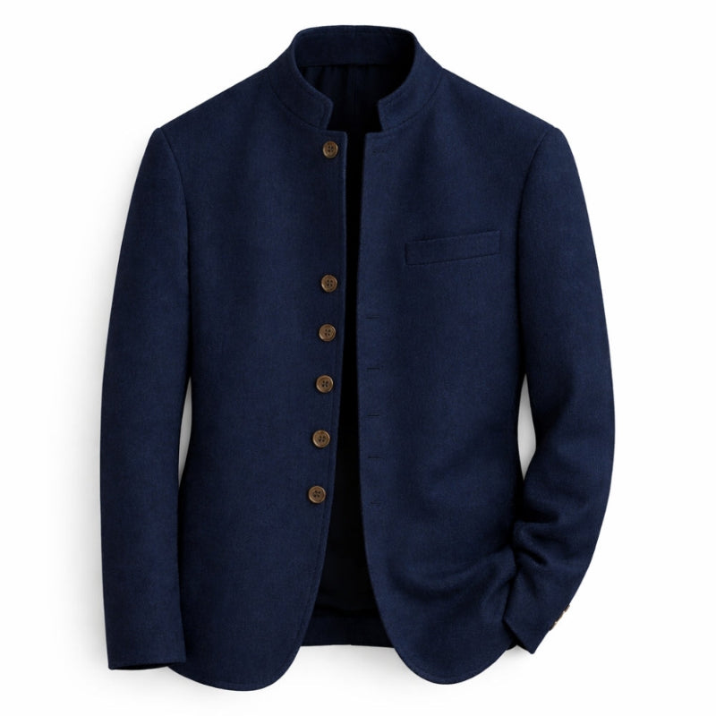 Navy blue jacket with brown buttons on a white background