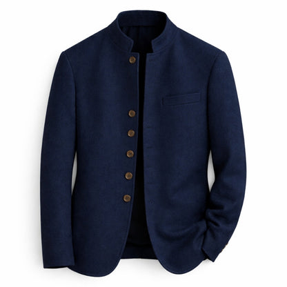 Navy blue jacket with brown buttons on a white background