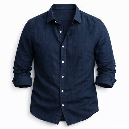 Navy blue button-up shirt on a white background