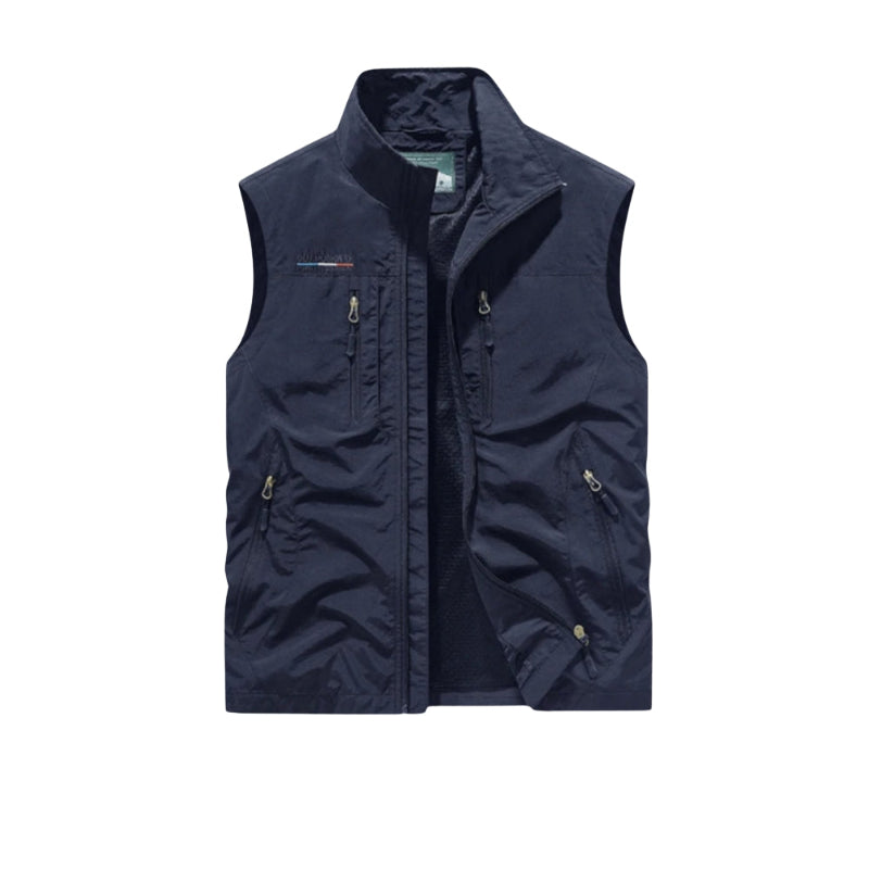 Navy Vest with multiple pockets on a white background