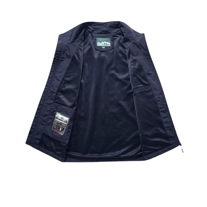 Navy jacket with a brand label on a white background