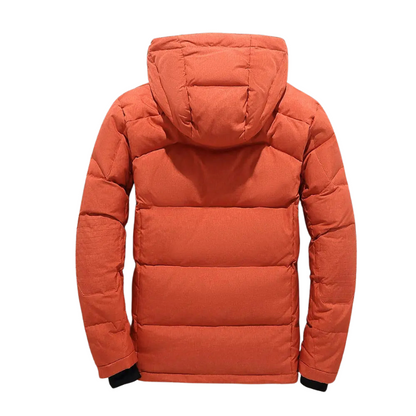 Orange winter jacket with black accents on a white background