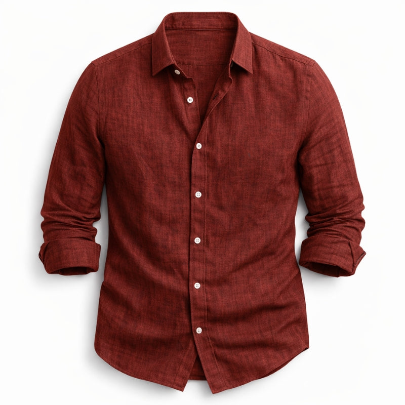 Red button-up shirt on a white background