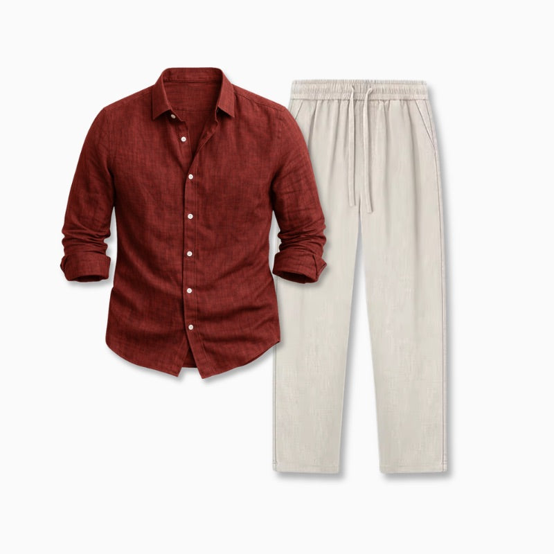 Red button-up shirt with rolled-up sleeves on a neutral background and beige linen pants