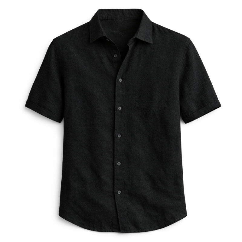 Black short-sleeve button-up shirt on a white background