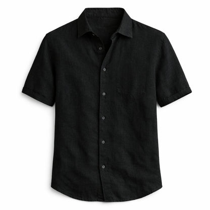 Black short-sleeve button-up shirt on a white background