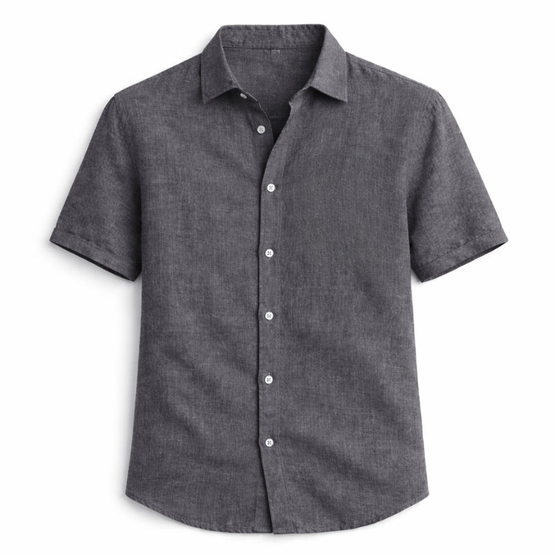 Gray short-sleeve button-up shirt on a white background