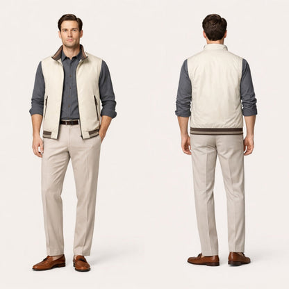 Man wearing a beige vest over a blue shirt with beige pants, shown from front and back on a white background.