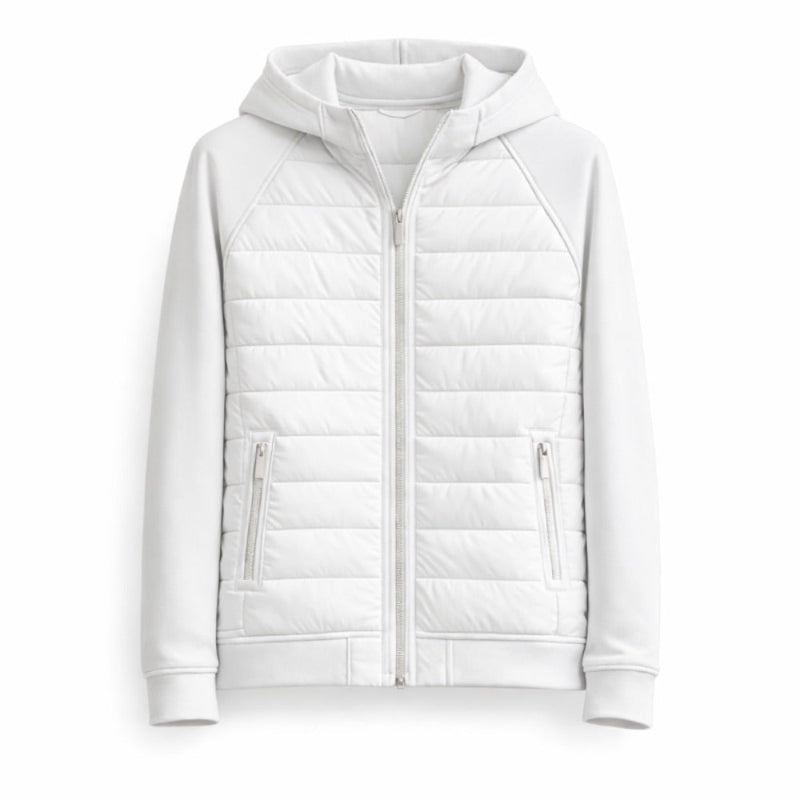 White quilted jacket with a hood on a white background