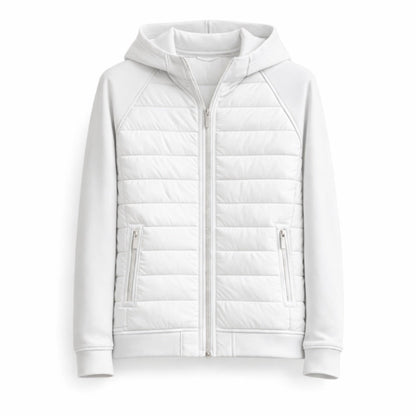 White quilted jacket with a hood on a white background