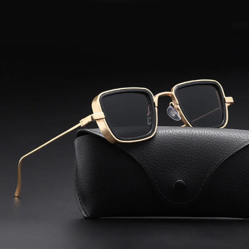 Men’s gold square-frame sunglasses with black lenses, luxury minimalist style – Achille Mr. Steel Sunglasses by Polumi.