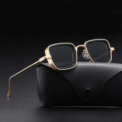 Men’s gold square-frame sunglasses with black lenses, luxury minimalist style – Achille Mr. Steel Sunglasses by Polumi.